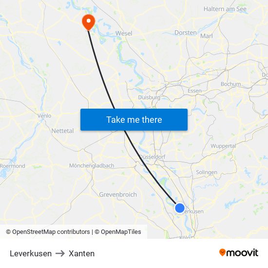 Leverkusen to Xanten map