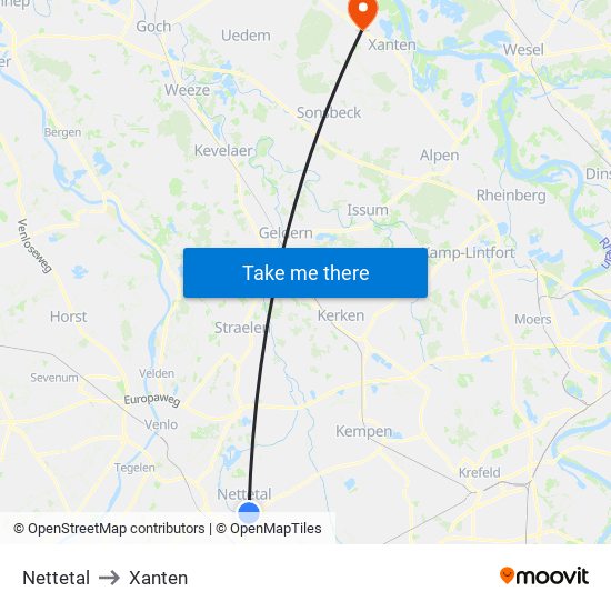 Nettetal to Xanten map