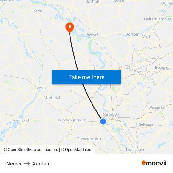 Neuss to Xanten map