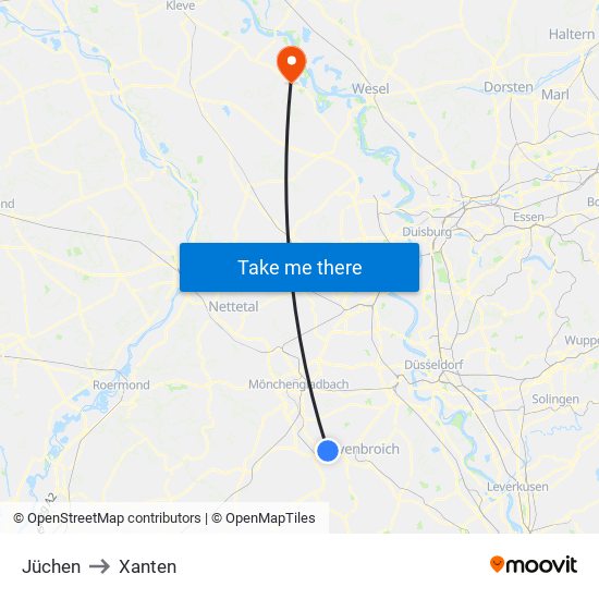 Jüchen to Xanten map