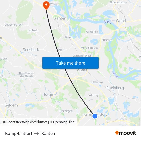 Kamp-Lintfort to Xanten map