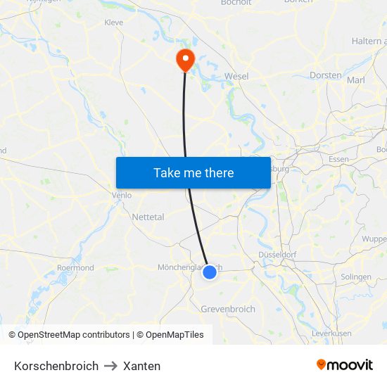 Korschenbroich to Xanten map