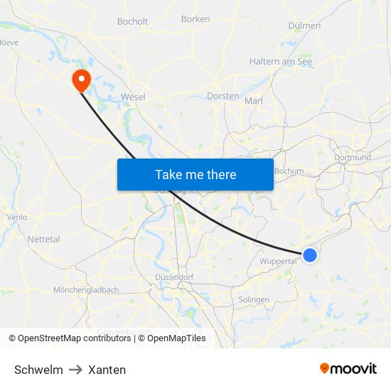 Schwelm to Xanten map