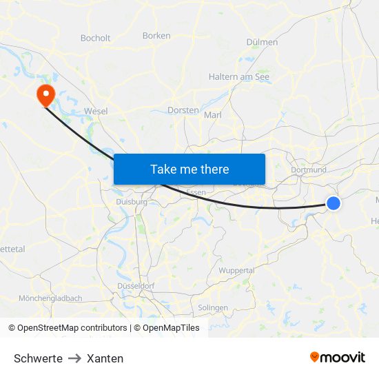 Schwerte to Xanten map