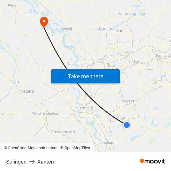 Solingen to Xanten map