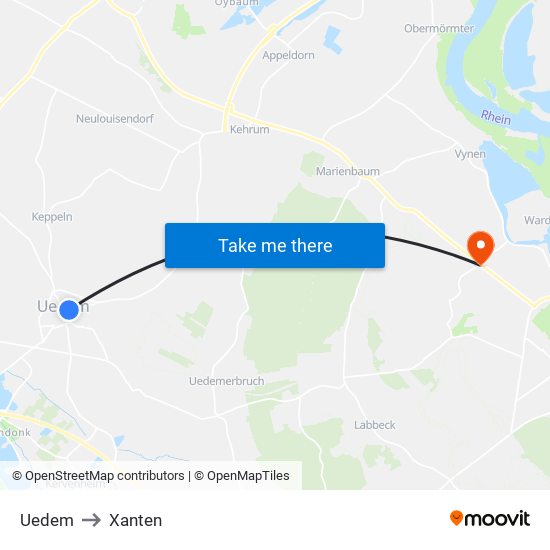 Uedem to Xanten map