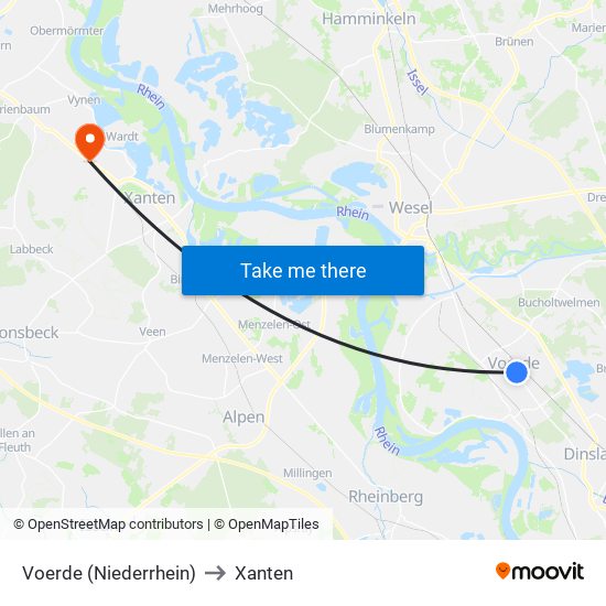 Voerde (Niederrhein) to Xanten map