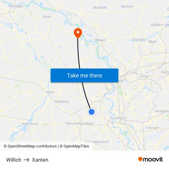 Willich to Xanten map