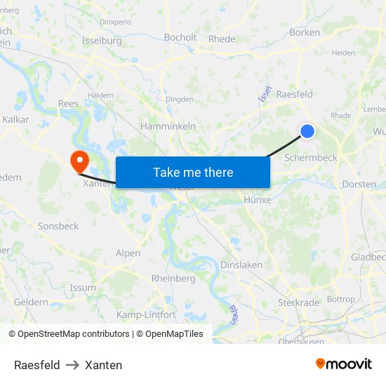 Raesfeld to Xanten map