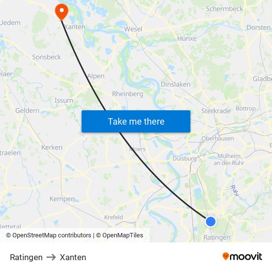 Ratingen to Xanten map