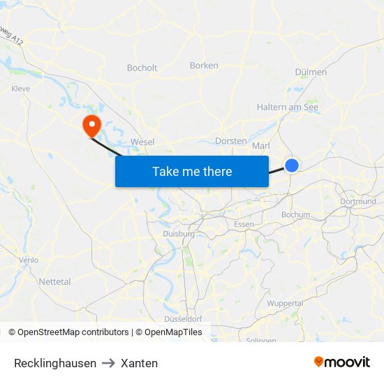 Recklinghausen to Xanten map