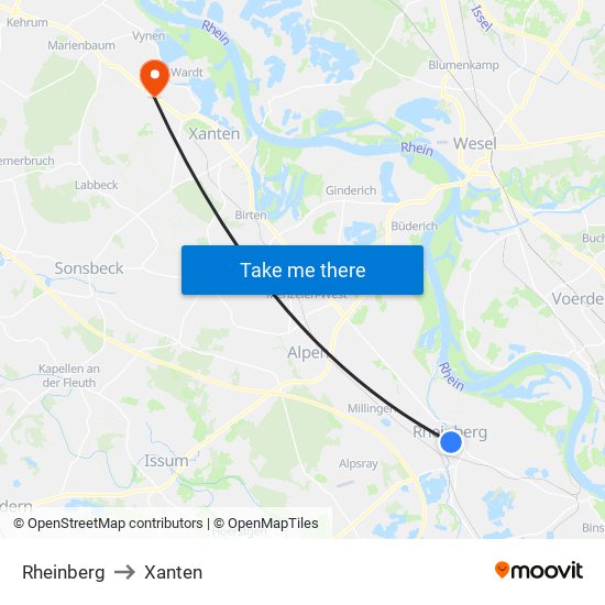 Rheinberg to Xanten map