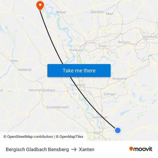 Bergisch Gladbach Bensberg to Xanten map