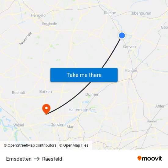 Emsdetten to Raesfeld map