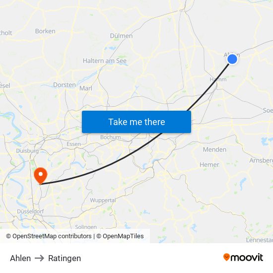 Ahlen to Ratingen map