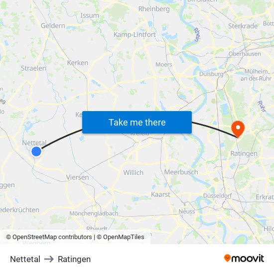 Nettetal to Ratingen map