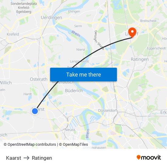 Kaarst to Ratingen map