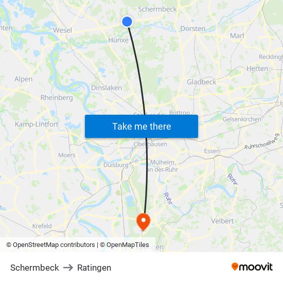 Schermbeck to Ratingen map