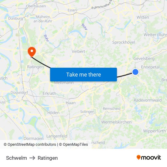 Schwelm to Ratingen map