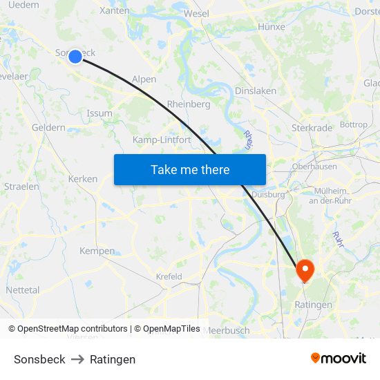 Sonsbeck to Ratingen map