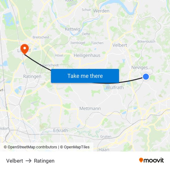 Velbert to Ratingen map