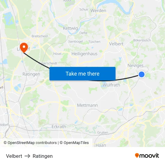 Velbert to Ratingen map