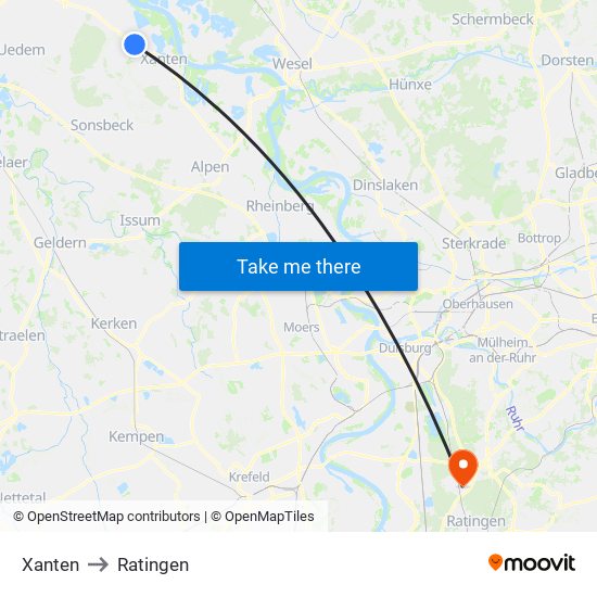 Xanten to Ratingen map