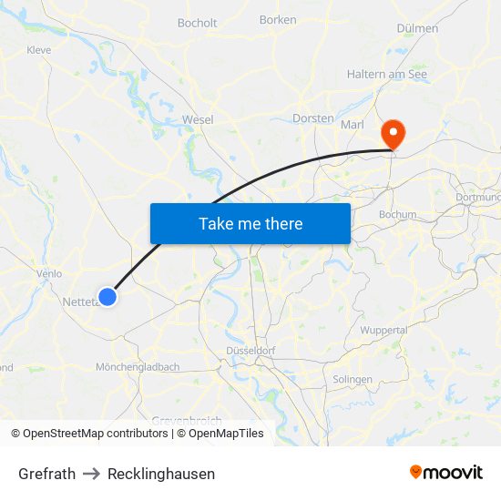 Grefrath to Recklinghausen map