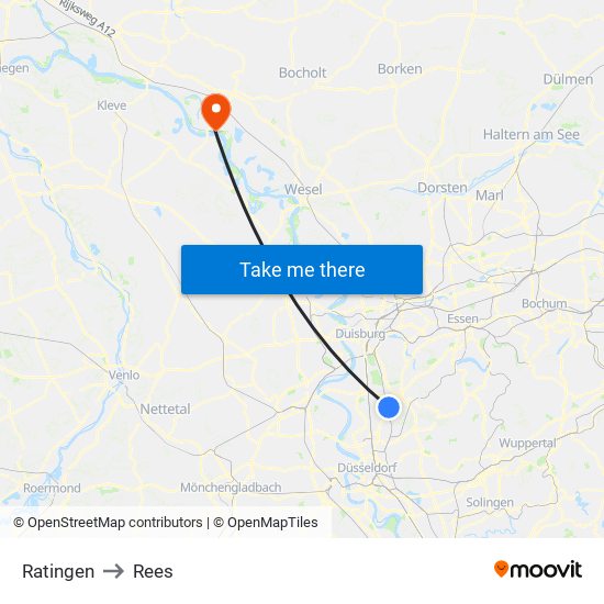 Ratingen to Rees map