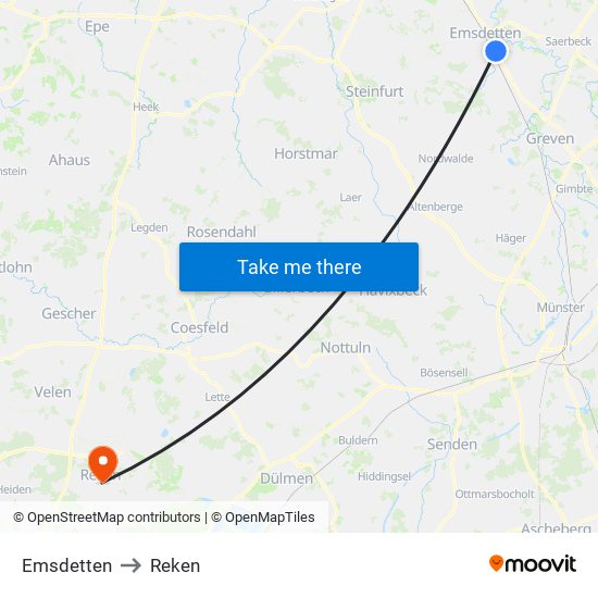 Emsdetten to Reken map