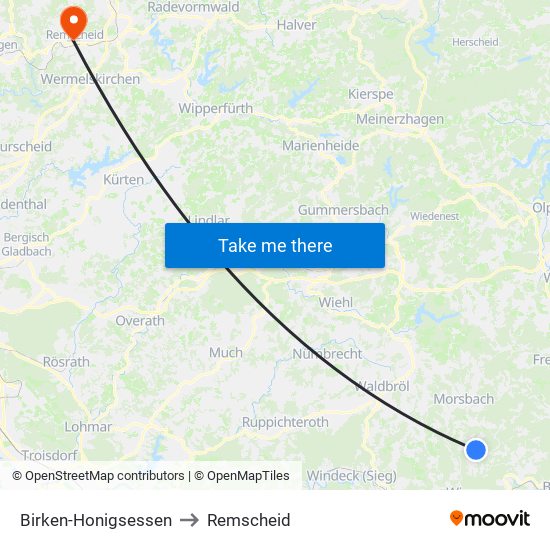 Birken-Honigsessen to Remscheid map