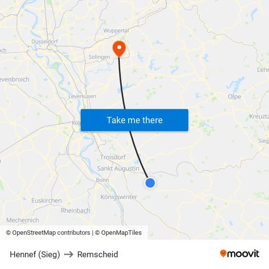 Hennef (Sieg) to Remscheid map