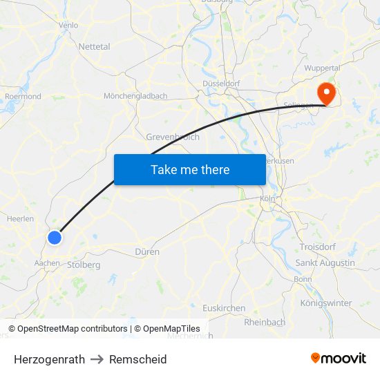 Herzogenrath to Remscheid map