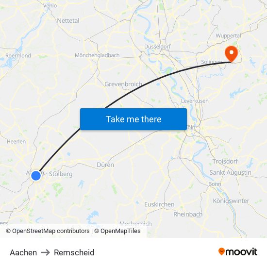 Aachen to Remscheid map