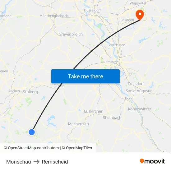 Monschau to Remscheid map