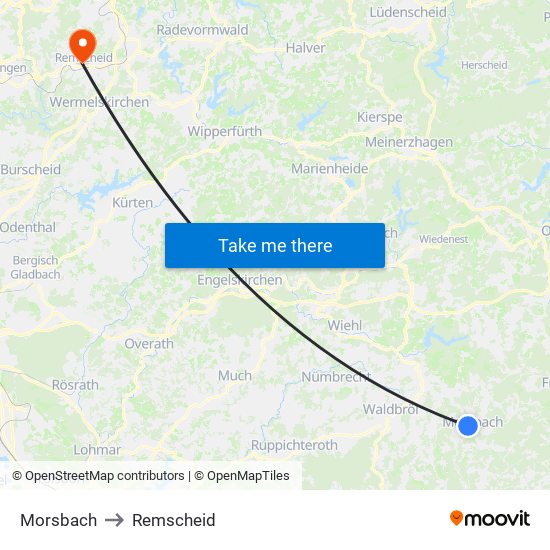 Morsbach to Remscheid map