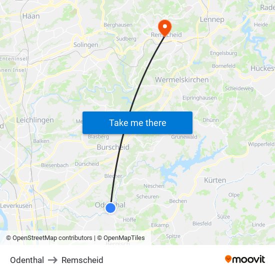 Odenthal to Remscheid map