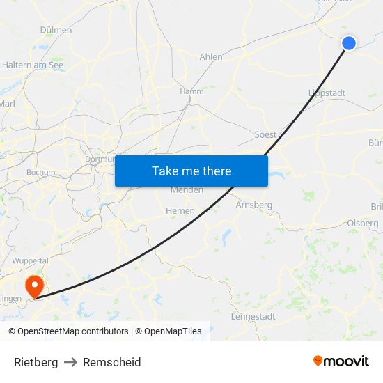 Rietberg to Remscheid map