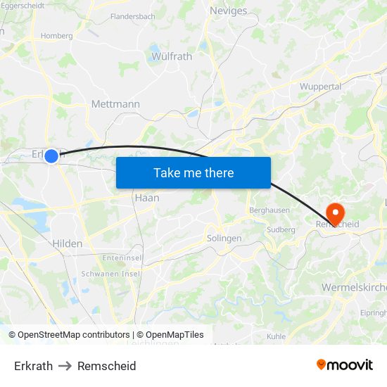 Erkrath to Remscheid map