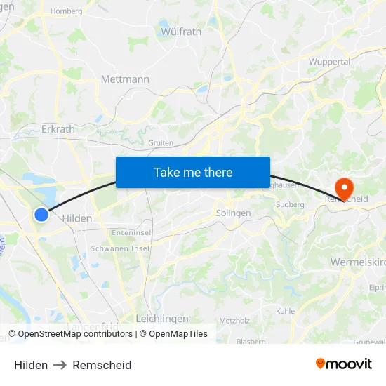 Hilden to Remscheid map