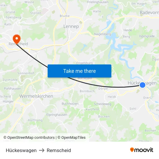 Hückeswagen to Remscheid map