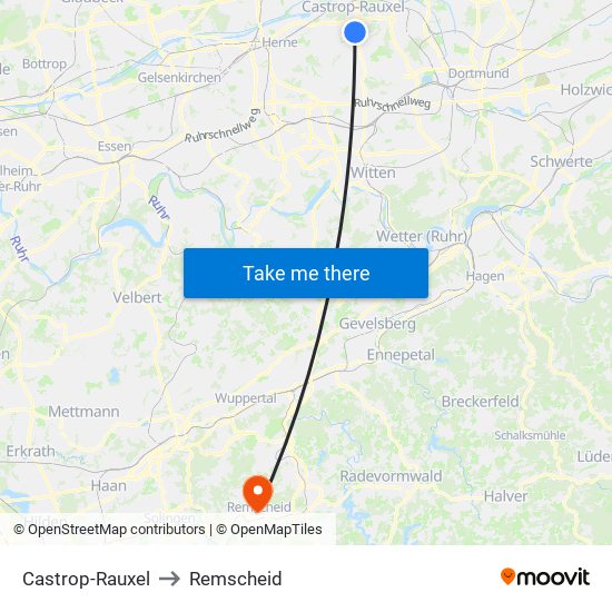 Castrop-Rauxel to Remscheid map