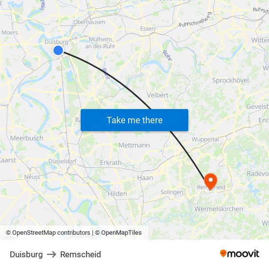 Duisburg to Remscheid map