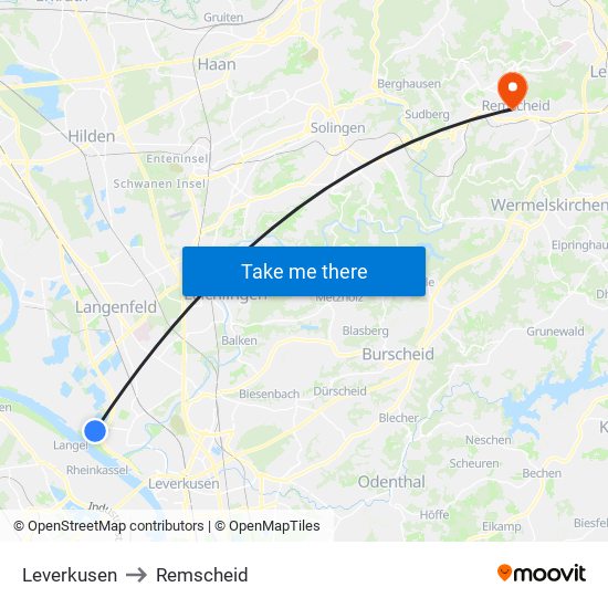 Leverkusen to Remscheid map