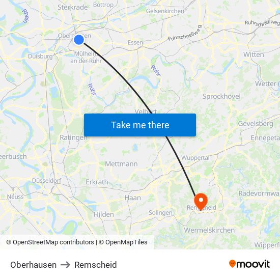 Oberhausen to Remscheid map