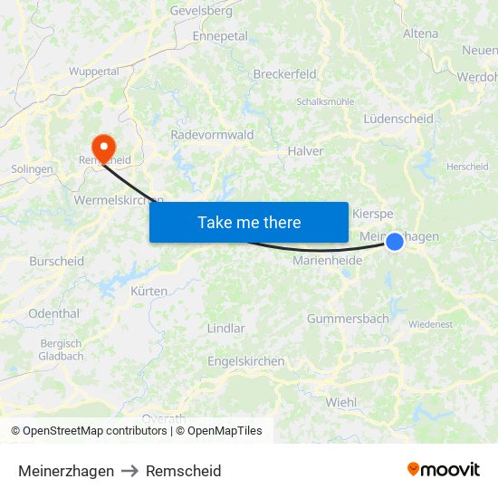 Meinerzhagen to Remscheid map