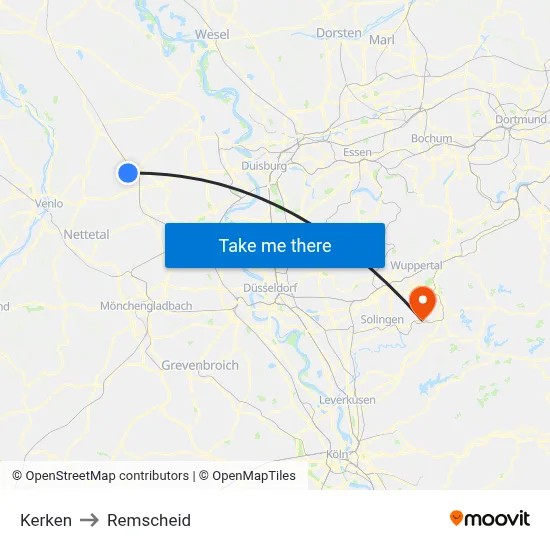 Kerken to Remscheid map