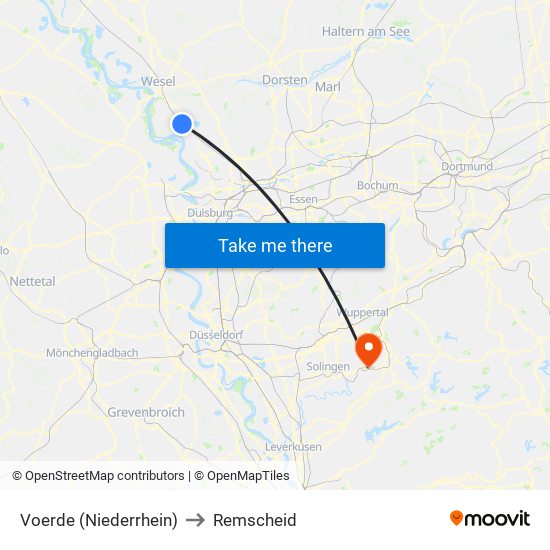 Voerde (Niederrhein) to Remscheid map