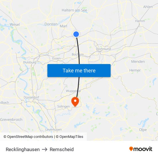 Recklinghausen to Remscheid map