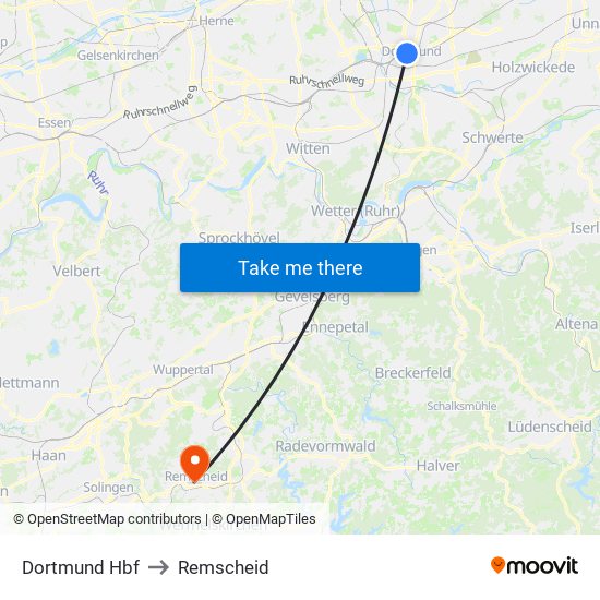 Dortmund Hbf to Remscheid map